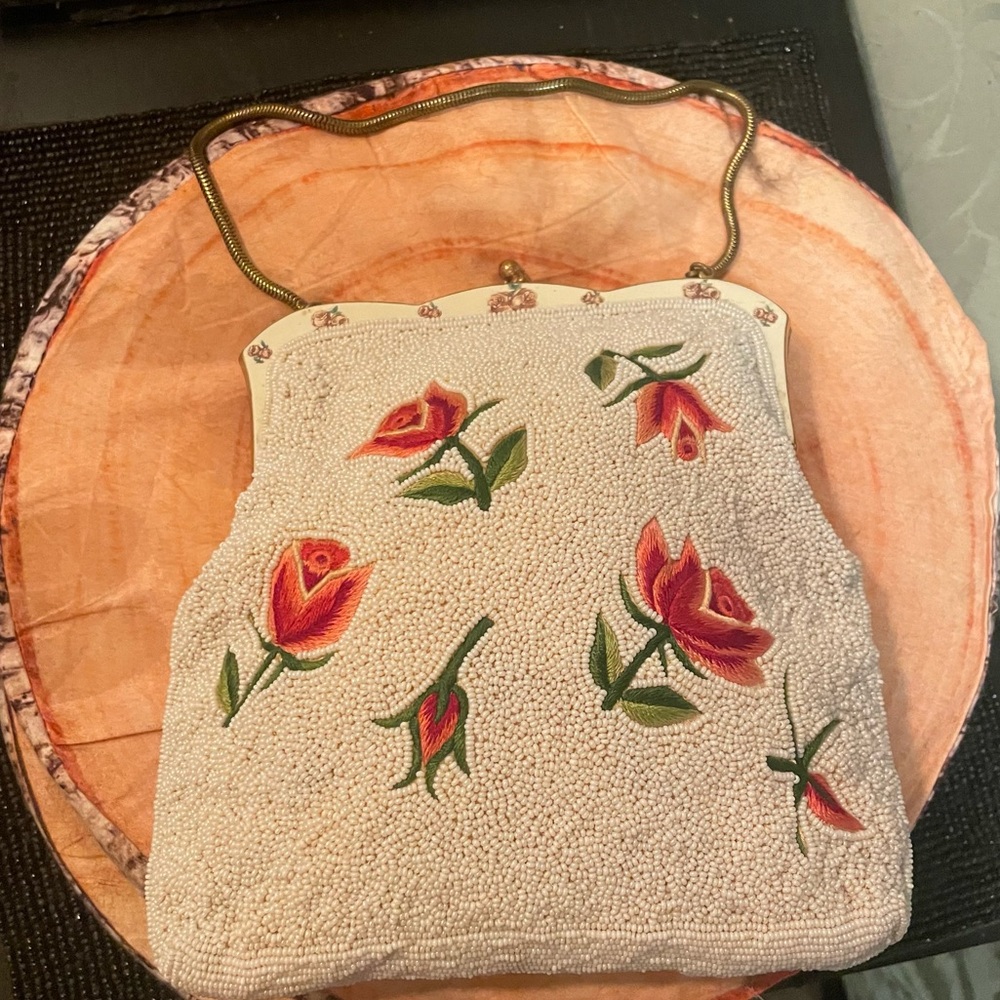 Beautiful Antique 1940s Beaded Purse with Rose Embroidery